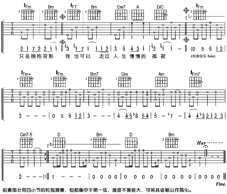 孤寂吉他谱,简单C调原版指弹曲谱,刘若英高清流行弹唱六线乐谱