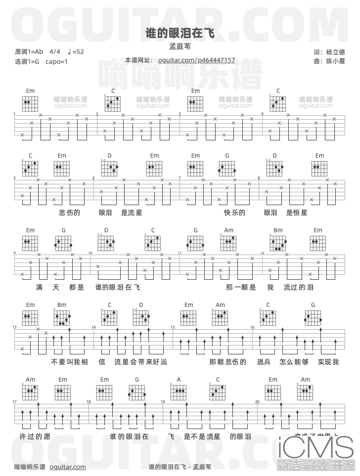 谁的眼泪在飞吉他谱,孟庭苇歌曲,G调高清图,3张六线原版简谱