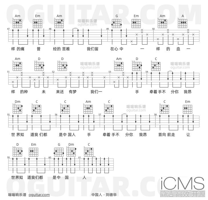 中国人吉他谱,刘德华歌曲,C调高清图,3张六线原版简谱