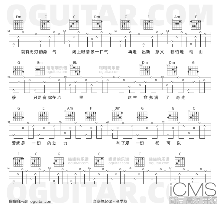 当我想起你吉他谱,张学友歌曲,C调高清图,3张六线原版简谱