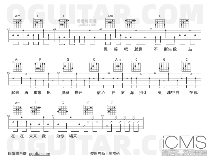 梦想启动吉他谱,周杰伦歌曲,C调高清图,4张六线原版简谱