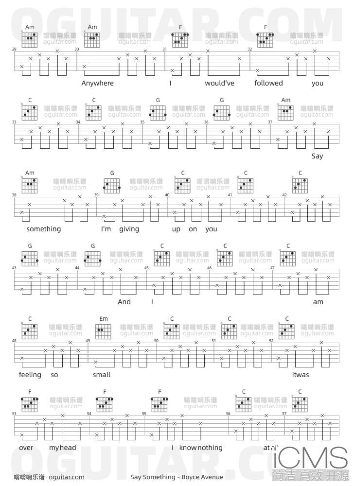 SaySomething吉他谱,Boyce Avenue歌曲,C调指弹简谱,6张教学六线谱