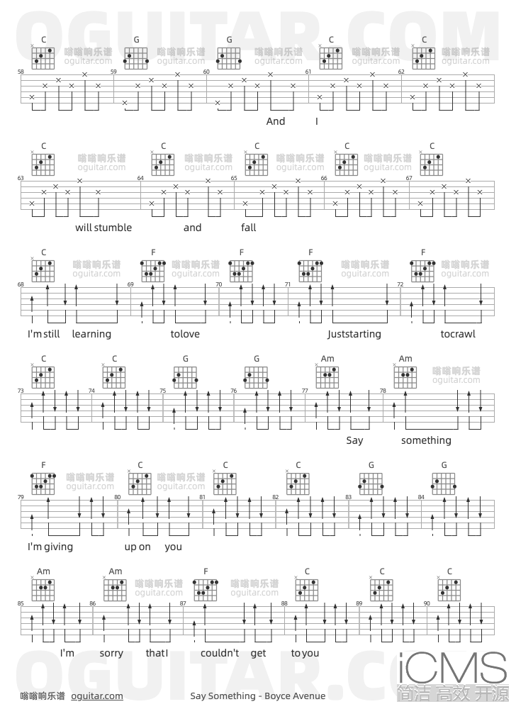 SaySomething吉他谱,Boyce Avenue歌曲,C调指弹简谱,6张教学六线谱