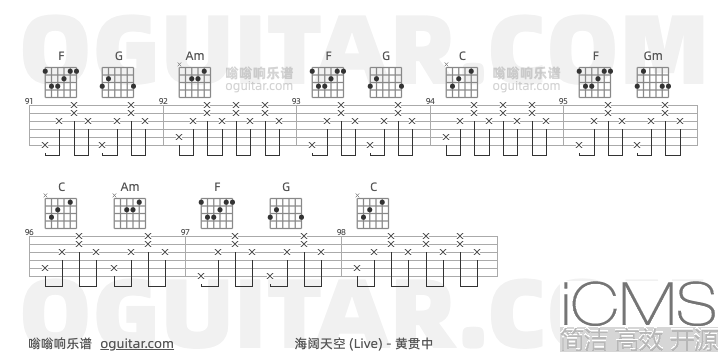 海阔天空吉他谱,黄贯中歌曲,C调指弹简谱,5张教学六线谱【Live版】