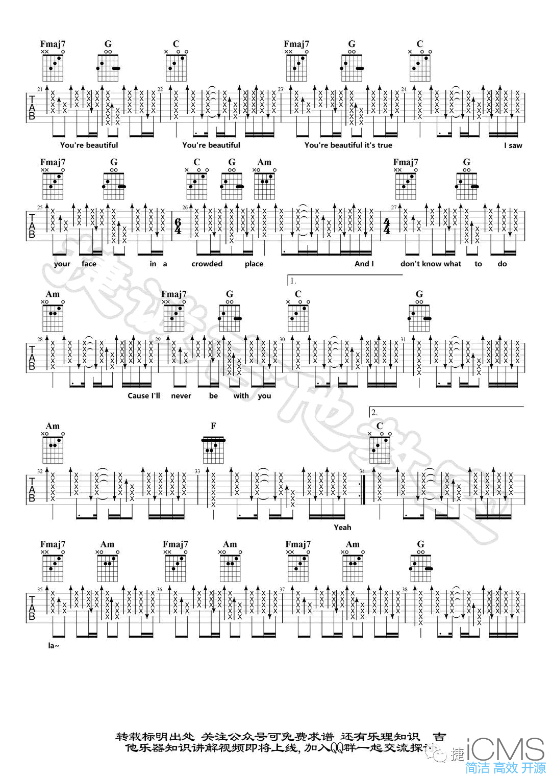 Youre Beautiful吉他谱,原版James Blunt歌曲,简单C调指弹曲谱,高清六线乐谱