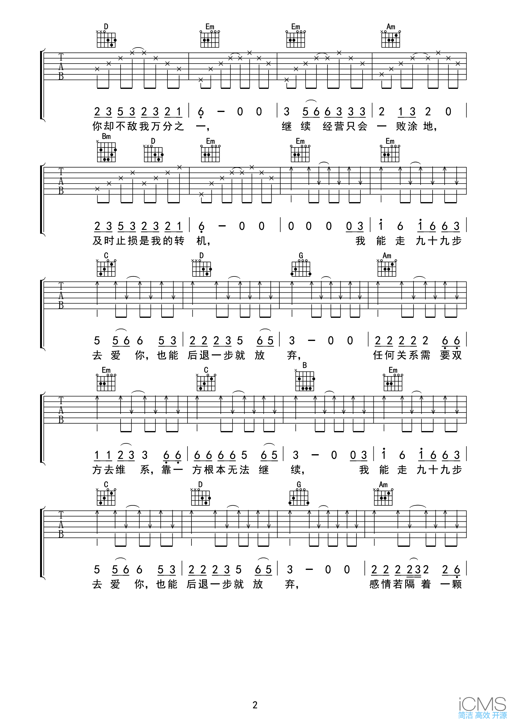 付豪_九十九步退一步吉他谱,简单原版指弹曲谱,歌手高清六线谱附歌词