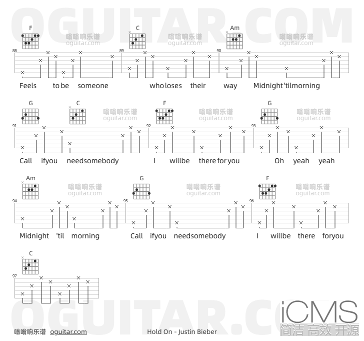HoldOn吉他谱,Justin Bieber歌曲,C调指弹简谱,6张教学六线谱