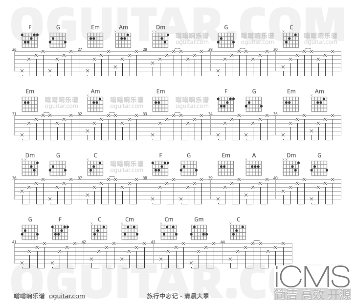 旅行中忘记吉他谱,清晨大攀歌曲,C调指弹简谱,2张教学六线谱