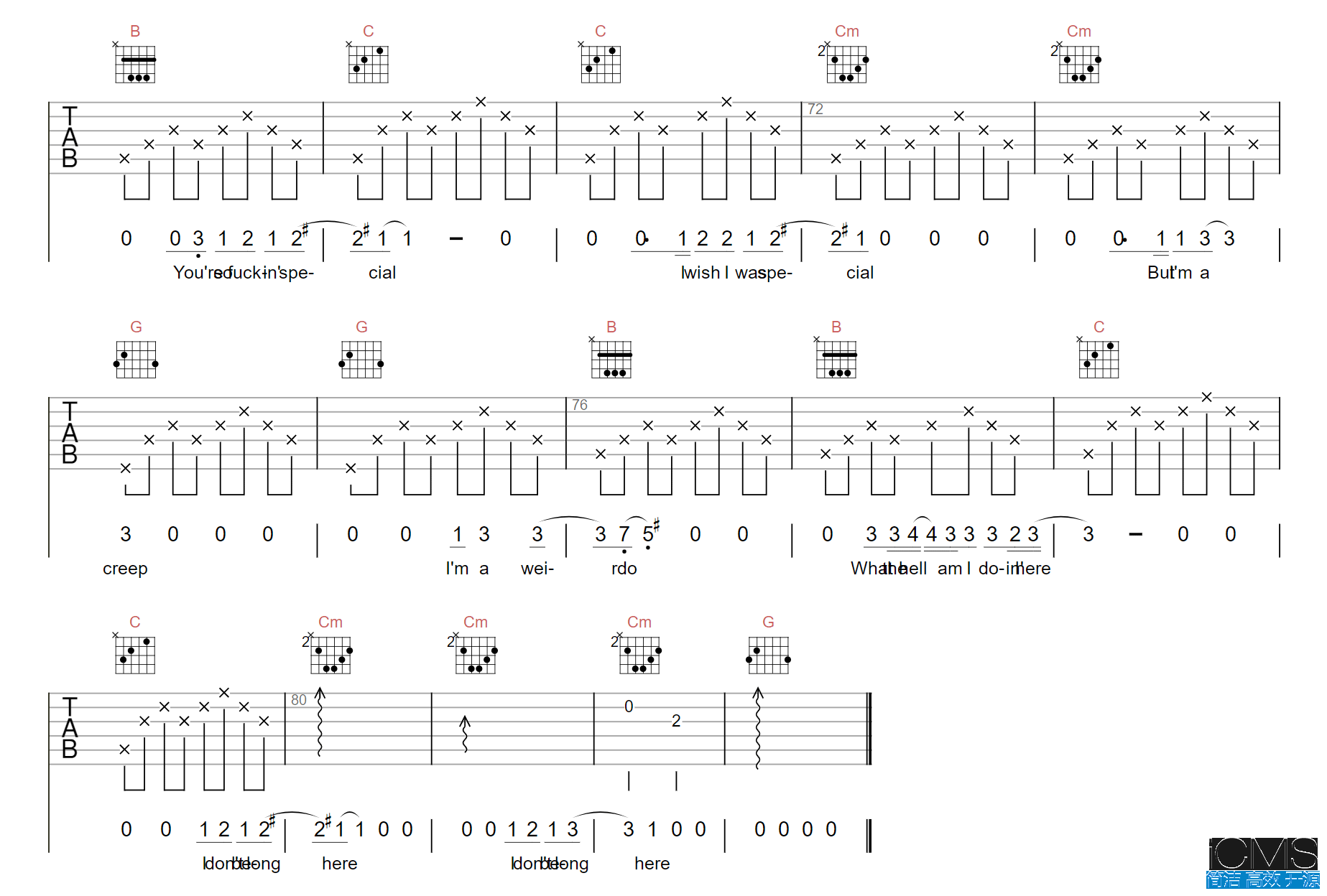 RadioheadCreep吉他谱,简单G调原版指弹曲谱,Radio高清六线谱教学