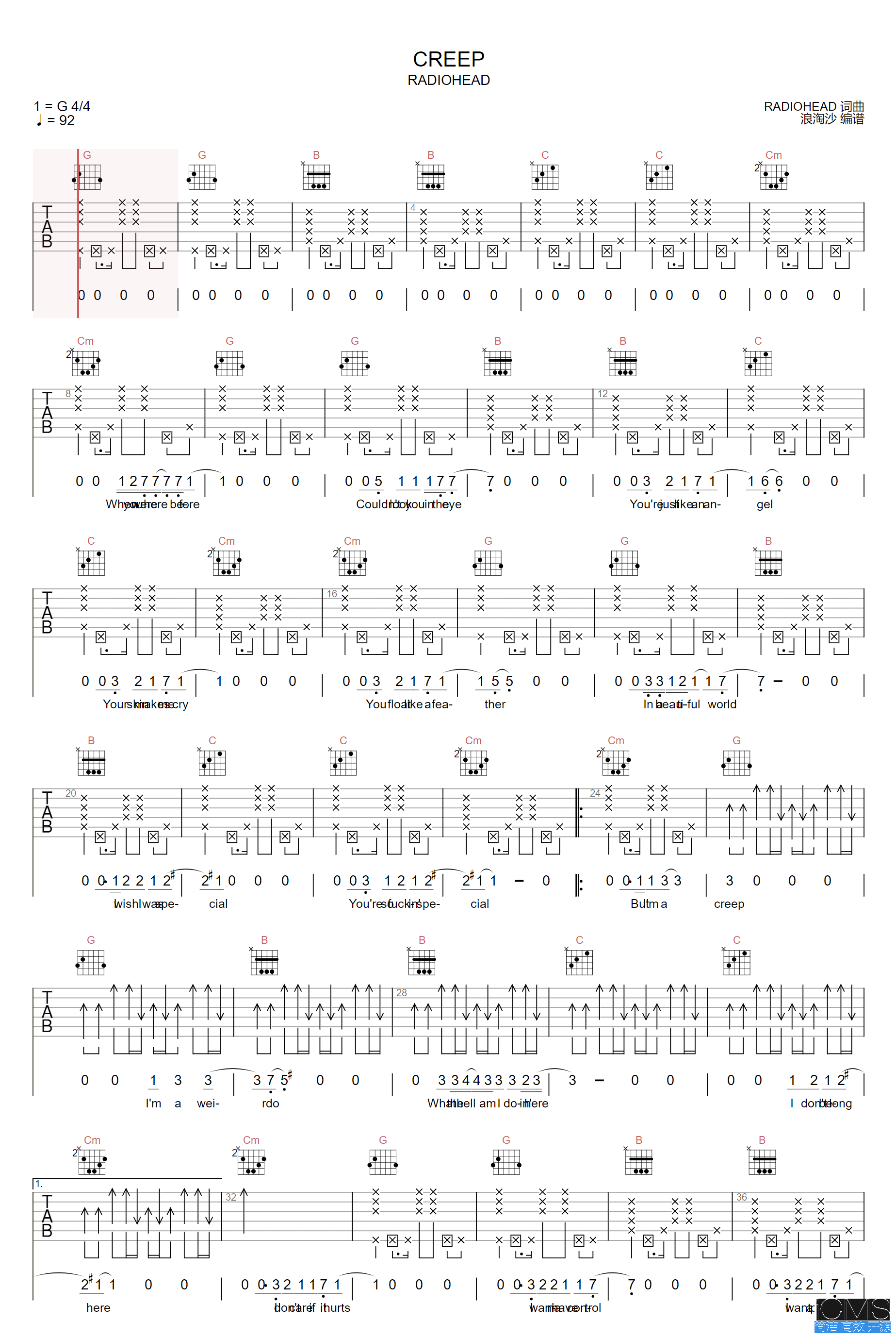 RadioheadCreep吉他谱,简单G调原版指弹曲谱,Radio高清六线谱教学