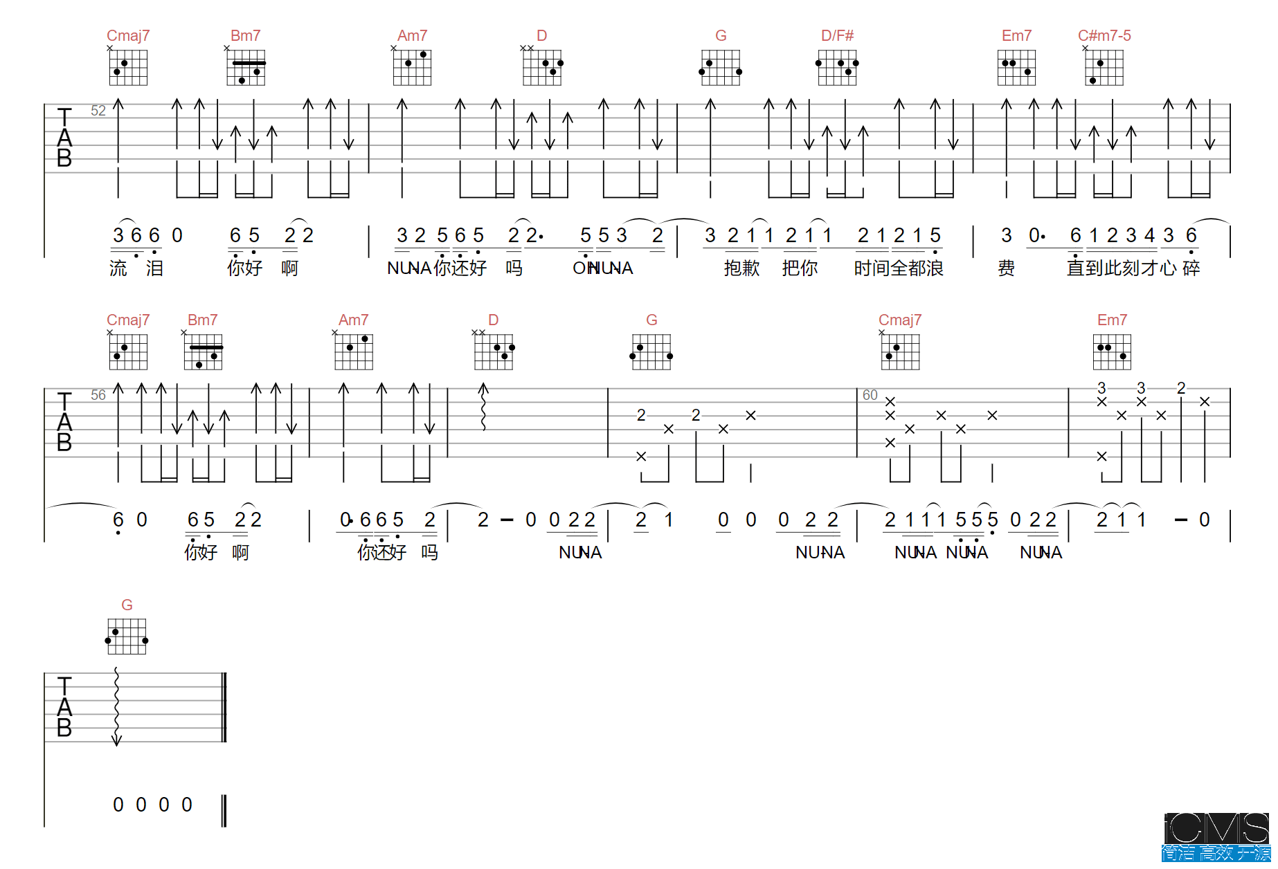 队长NUNA吉他谱,简单G调原版指弹曲谱,队长高清六线谱简谱
