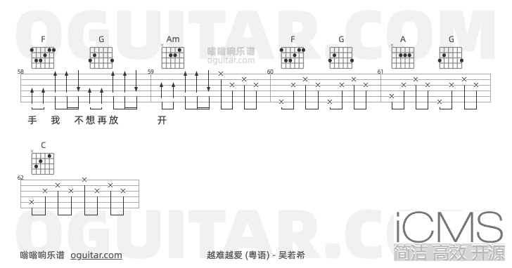 越难越爱吉他谱,吴若希歌曲,C调指弹简谱,4张教学六线谱【粤语版】