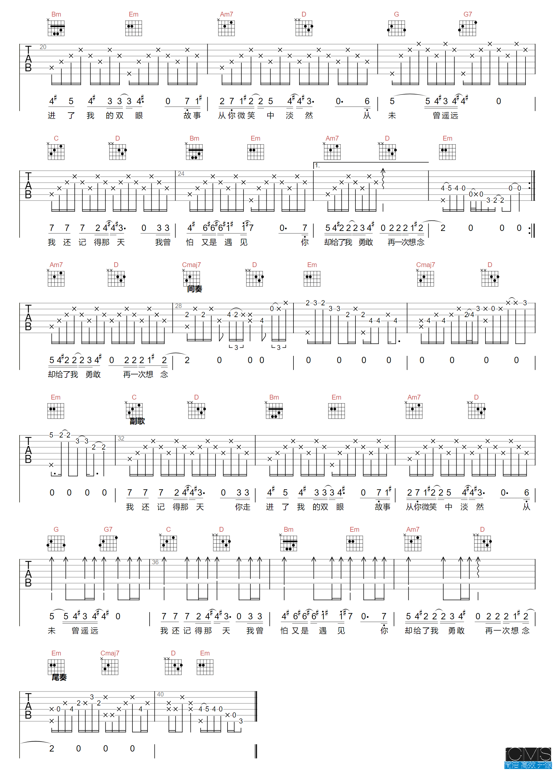 沈以诚我还记得那天吉他谱,简单G调原版弹唱曲谱,沈以诚高清六线谱教学