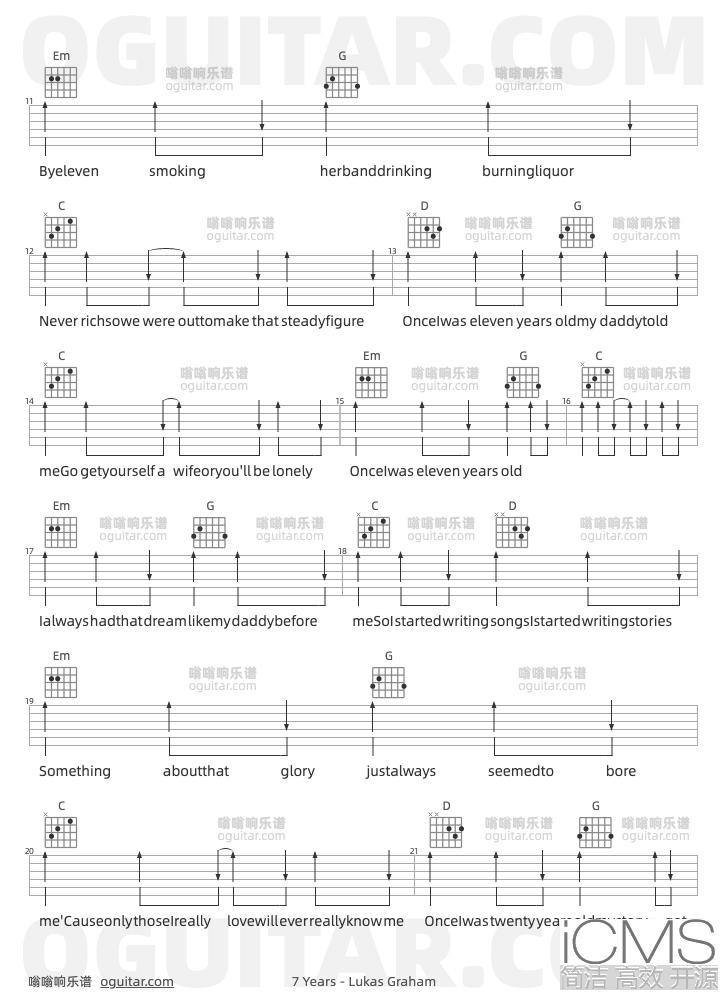 7Years吉他谱,Lukas Graham歌曲,G调指弹简谱,6张教学六线谱