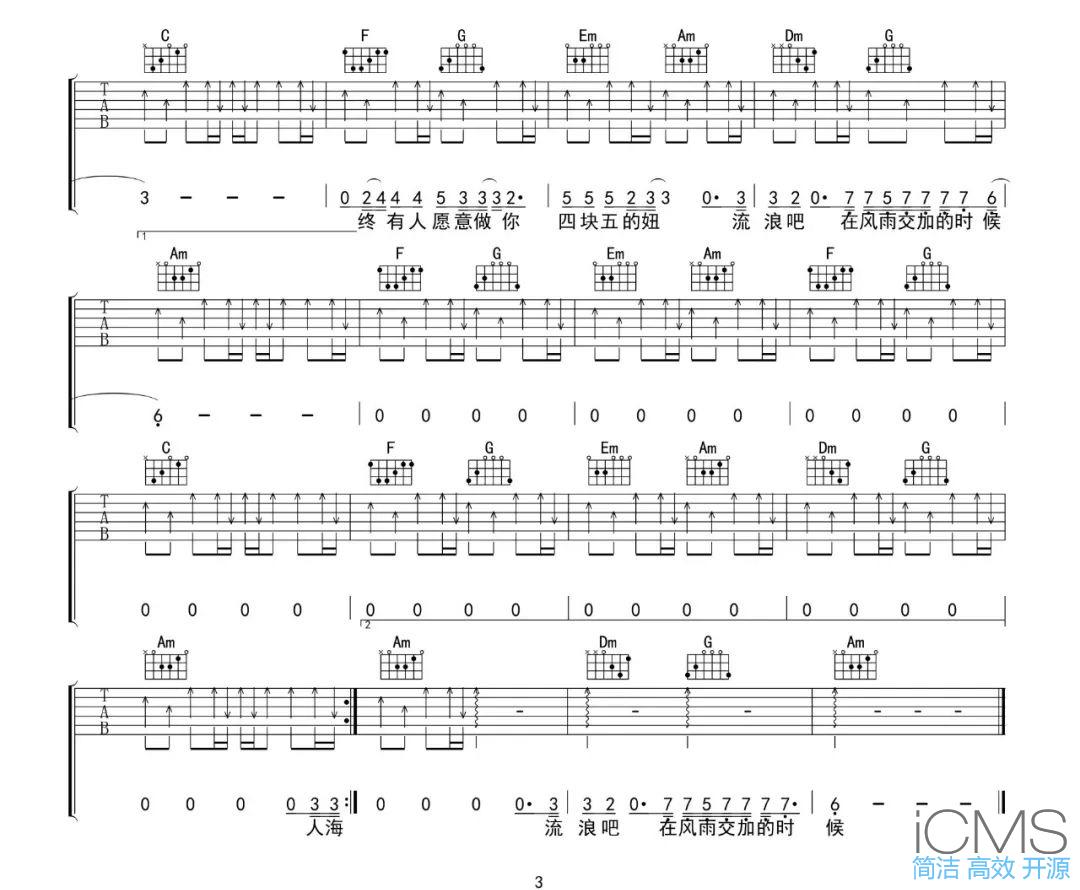 四块五吉他谱,简单C调原版指弹曲谱,隔壁老樊高清六线谱图片