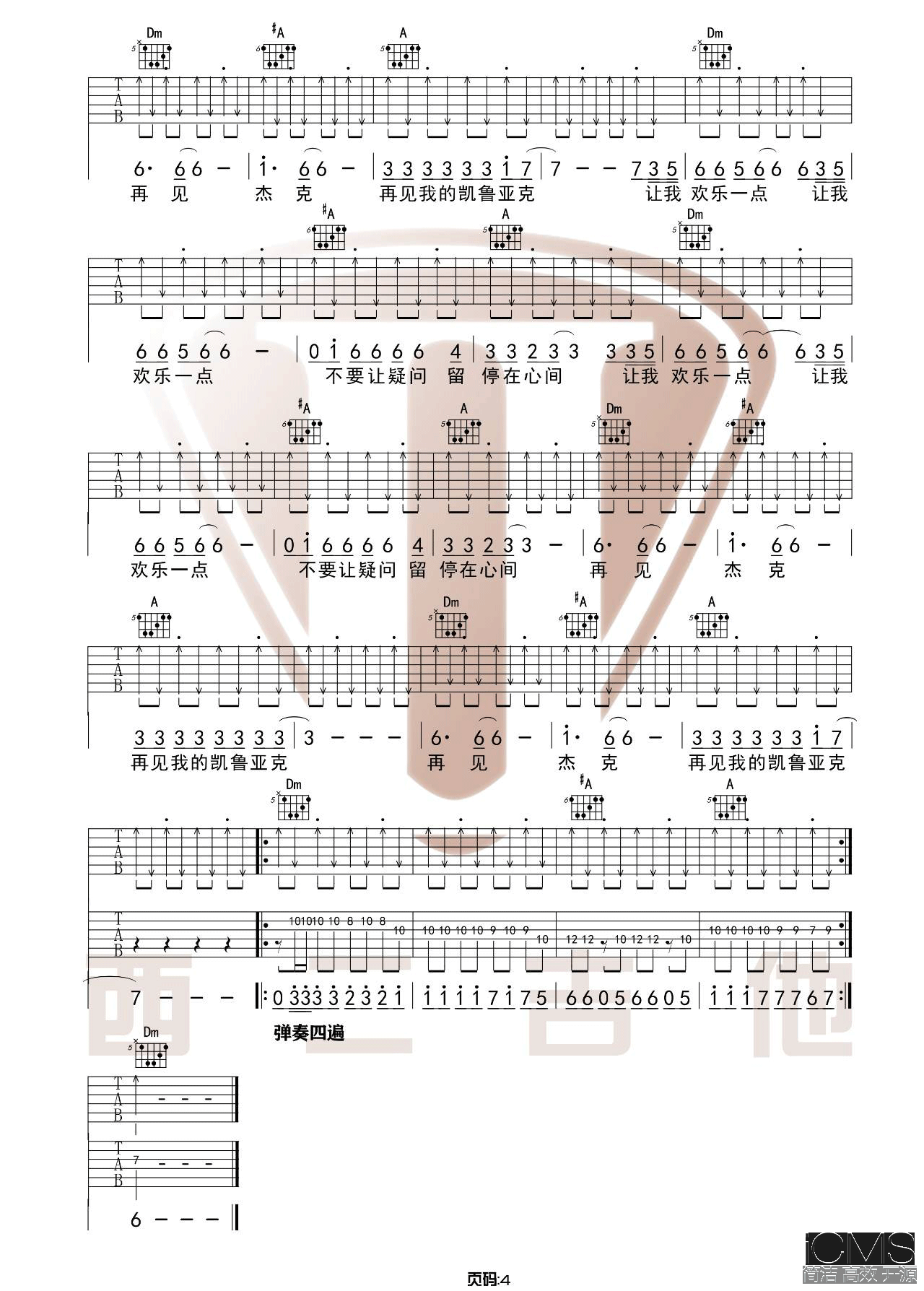 痛仰乐队再见杰克吉他谱,简单F调原版指弹曲谱,痛仰乐队高清六线谱附歌词