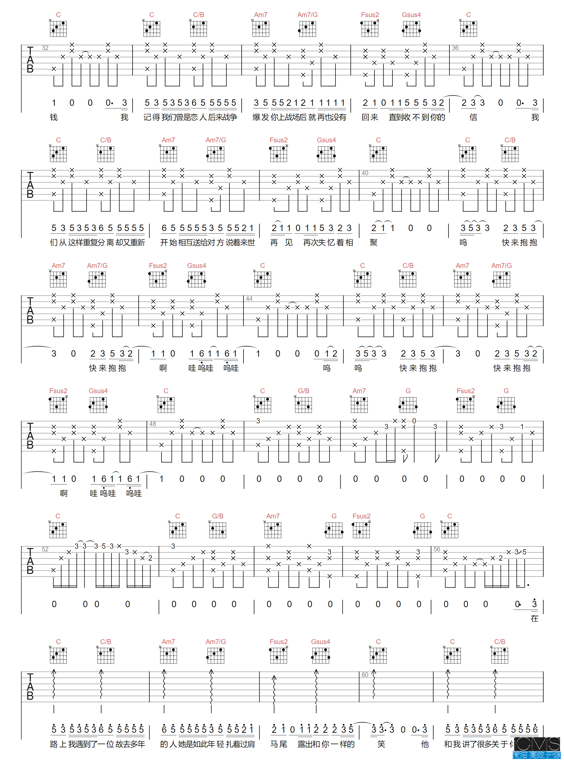 赵雷我记得吉他谱,简单C调原版弹唱曲谱,赵雷高清六线谱简谱