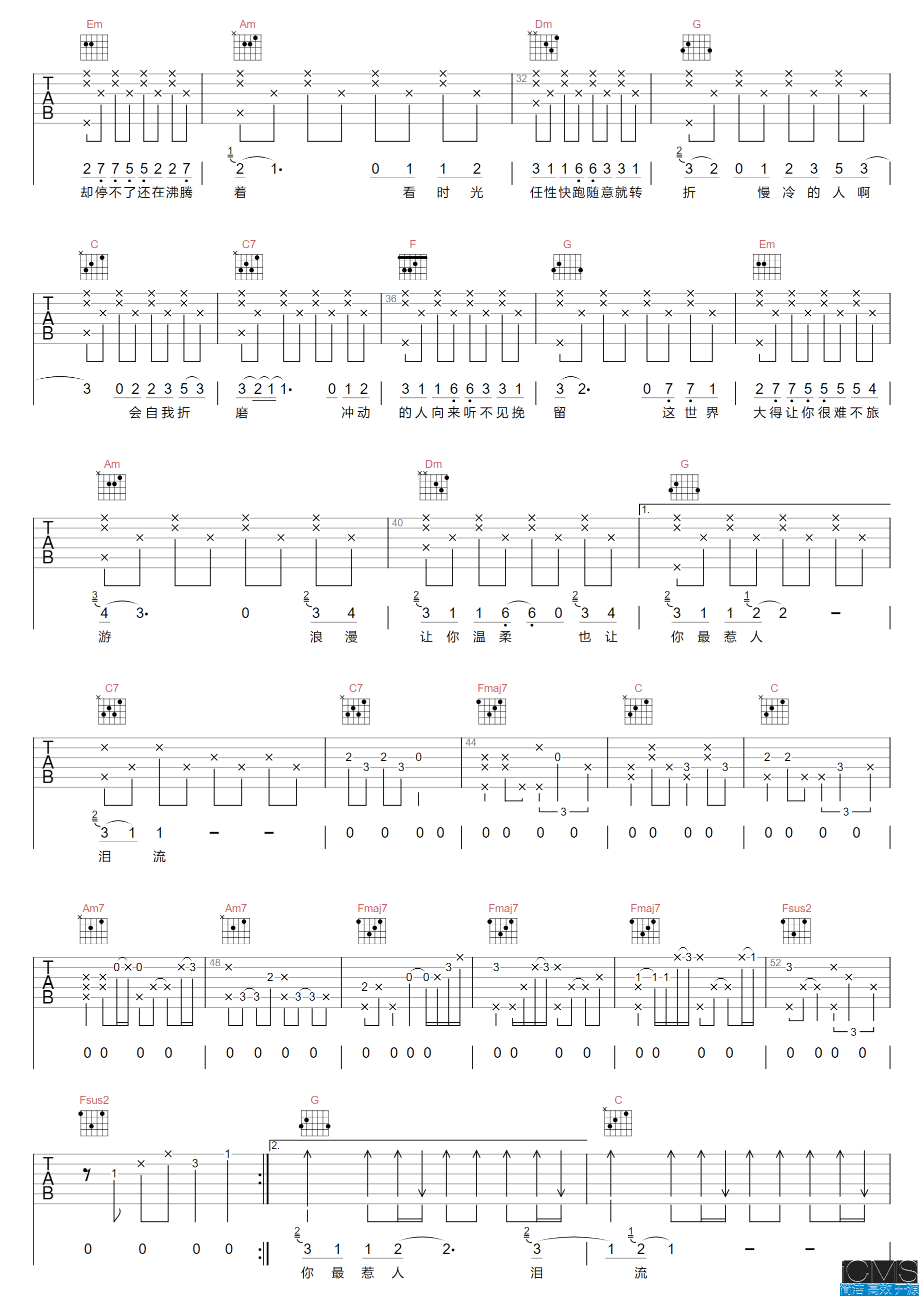 梁静茹慢冷吉他谱,简单C调原版指弹曲谱,梁静茹高清六线谱教学