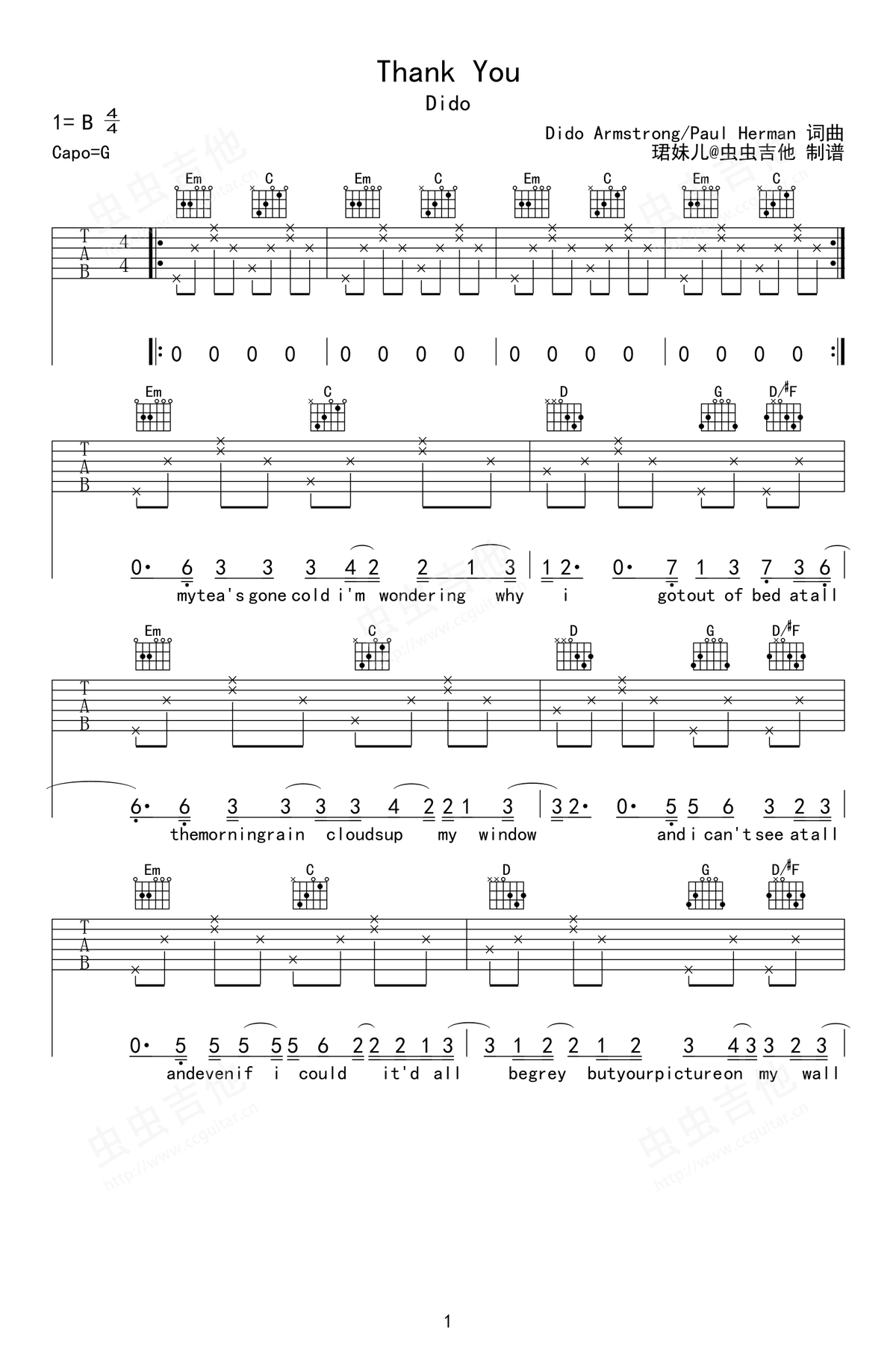 DidoThank-You吉他谱,简单G调原版指弹曲谱,Dido高清六线谱教学