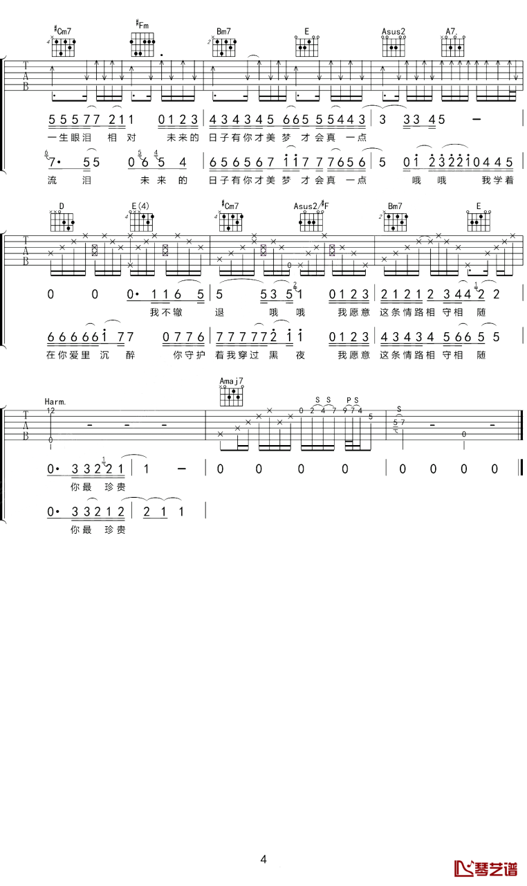 张学友你最珍贵A调吉他谱,简单A调原版弹唱曲谱,张学友高清六线谱图片