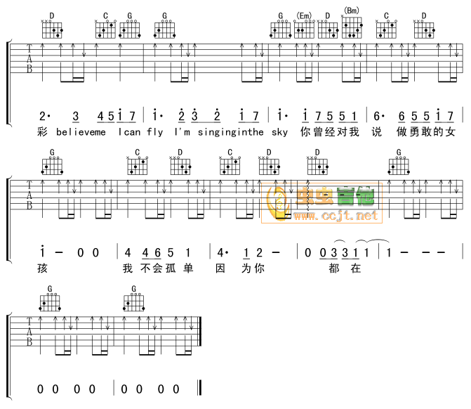 挥着翅膀的女孩吉他谱,原版容祖儿歌曲,简单G调指弹曲谱,高清六线乐谱