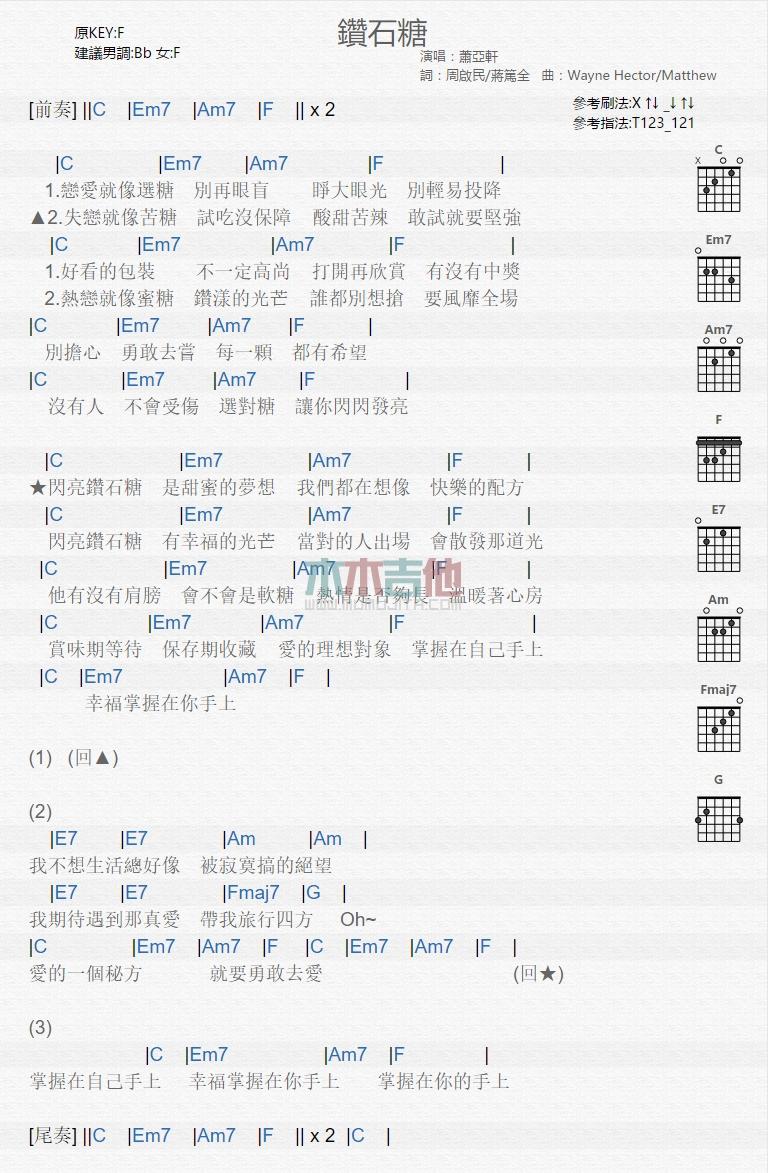 萧亚轩钻石糖吉他谱,简单原版弹唱曲谱,萧亚轩高清六线谱简谱