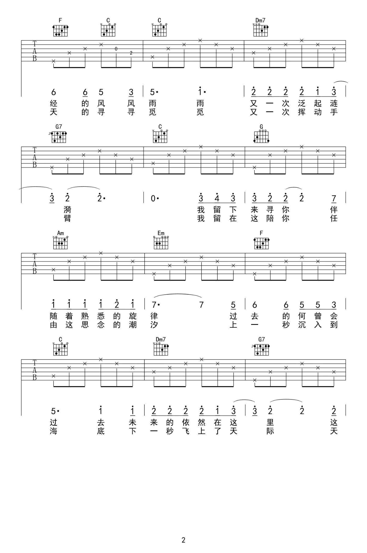 江湖儿女吉他谱,原版谭维维歌曲,简单C调指弹曲谱,高清六线乐谱