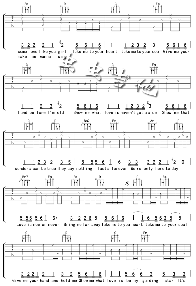 takemetoyourheart吉他谱,原版歌曲,简单G调弹唱教学,六线谱指弹简谱3张图