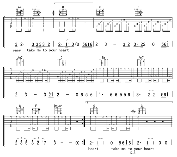 takemetoyourheart吉他谱,原版歌曲,简单G调弹唱教学,六线谱指弹简谱3张图