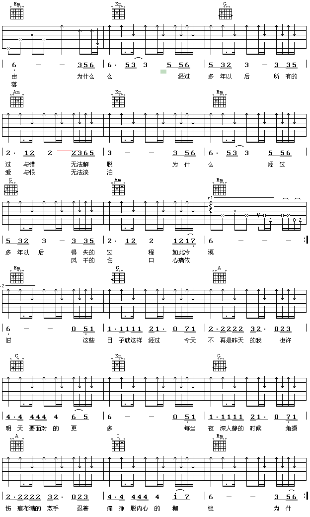 多年以后吉他谱,原版歌曲,简单D调弹唱教学,六线谱指弹简谱2张图