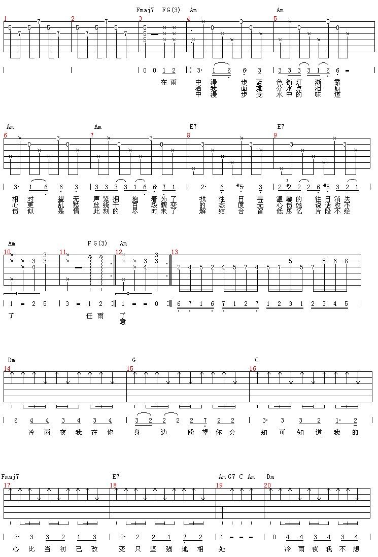 冷雨夜吉他谱,原版歌曲,简单C调弹唱教学,六线谱指弹简谱2张图