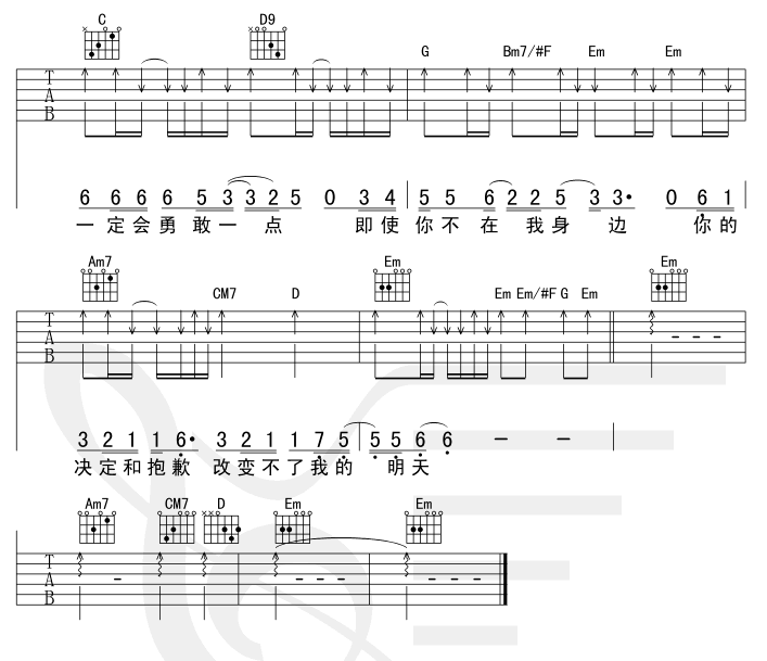 勇敢一点吉他谱,原版歌曲,简单G调弹唱教学,六线谱指弹简谱6张图