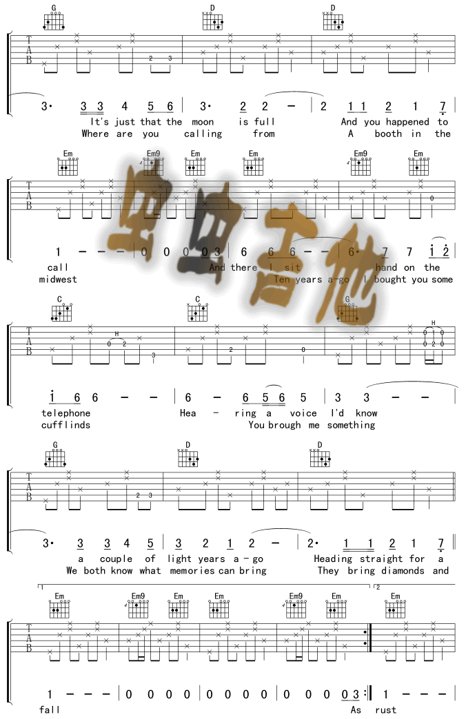 DiamondAndRust吉他谱,原版歌曲,简单E调弹唱教学,六线谱指弹简谱4张图