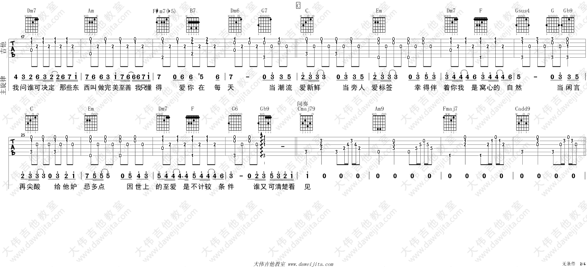 陈奕迅无条件吉他谱,简单C调原版指弹曲谱,陈奕迅高清六线谱图片