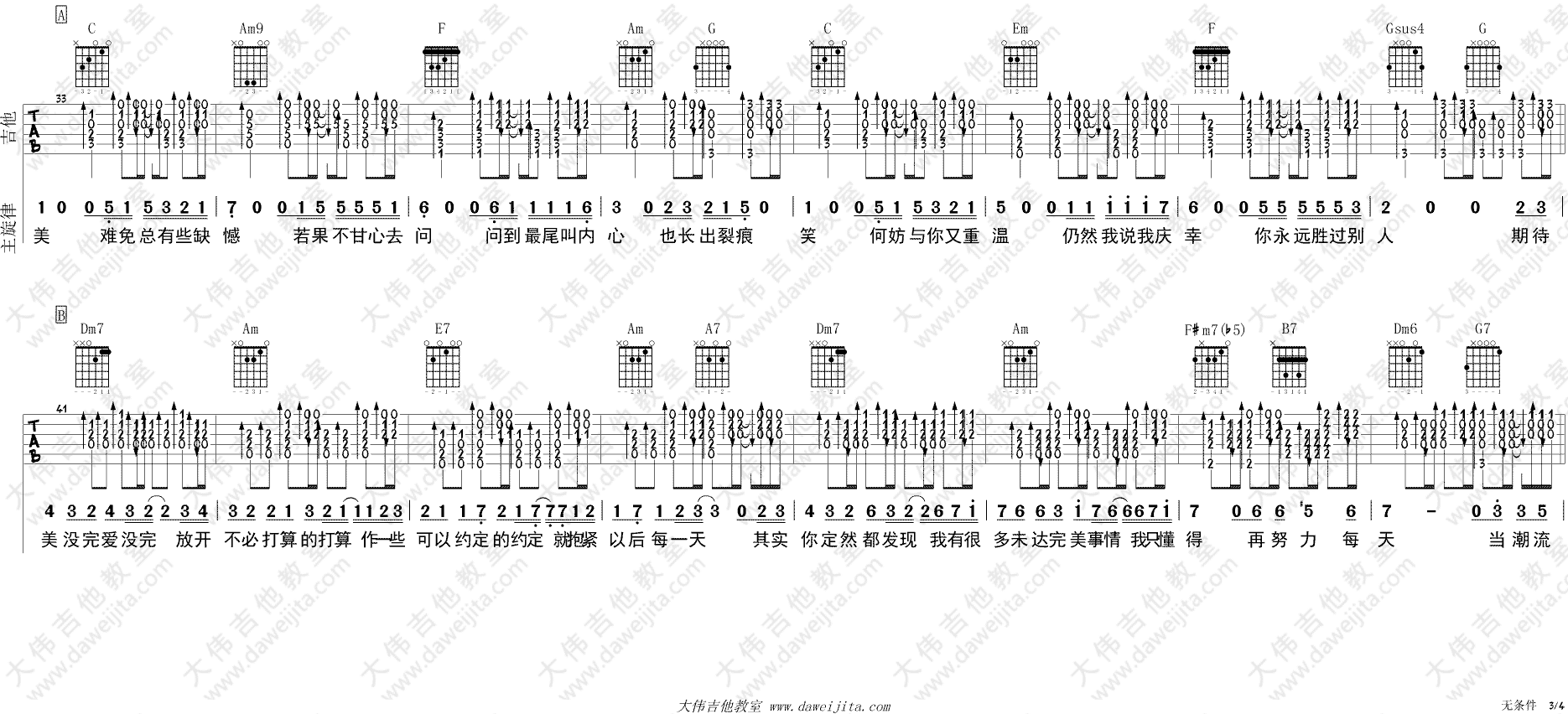 陈奕迅无条件吉他谱,简单C调原版指弹曲谱,陈奕迅高清六线谱图片