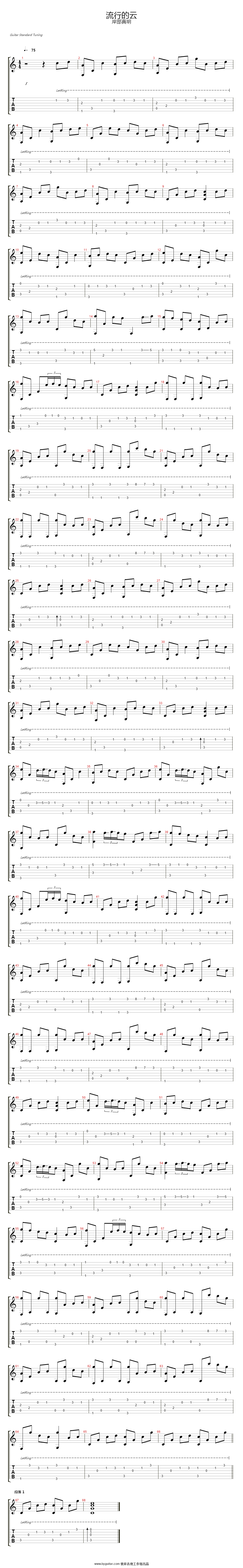 流行的云吉他谱,简单原版弹唱曲谱,岸部真明高清六线谱教学