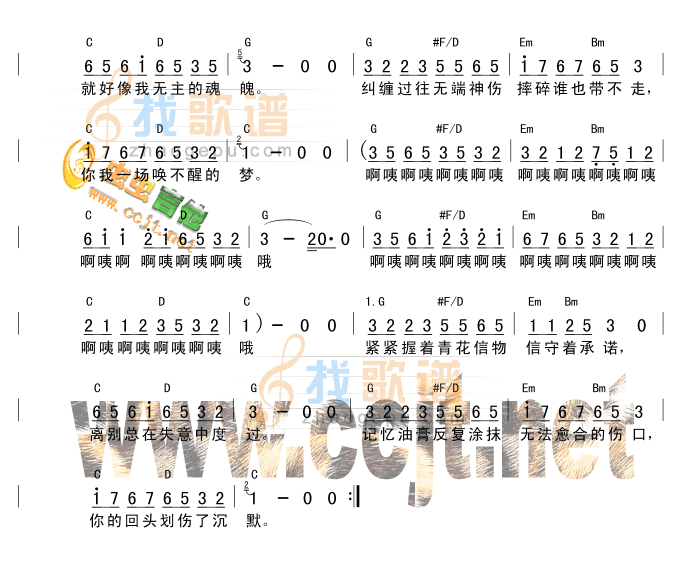 青花吉他谱,简单C调原版指弹曲谱,周传雄高清流行弹唱简谱和弦六线乐谱