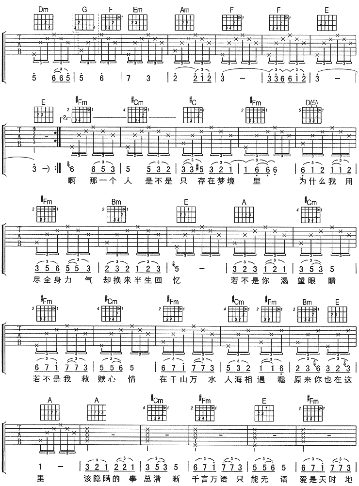 原来你也在这里吉他谱,原版歌曲,简单A调弹唱教学,六线谱指弹简谱4张图