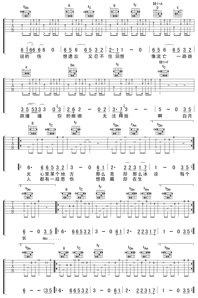 白月光吉他谱,原版歌曲,简单F调弹唱教学,六线谱指弹简谱4张图