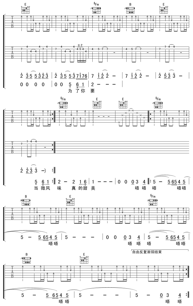 今夜的滋味吉他谱,原版歌曲,简单E调弹唱教学,六线谱指弹简谱3张图