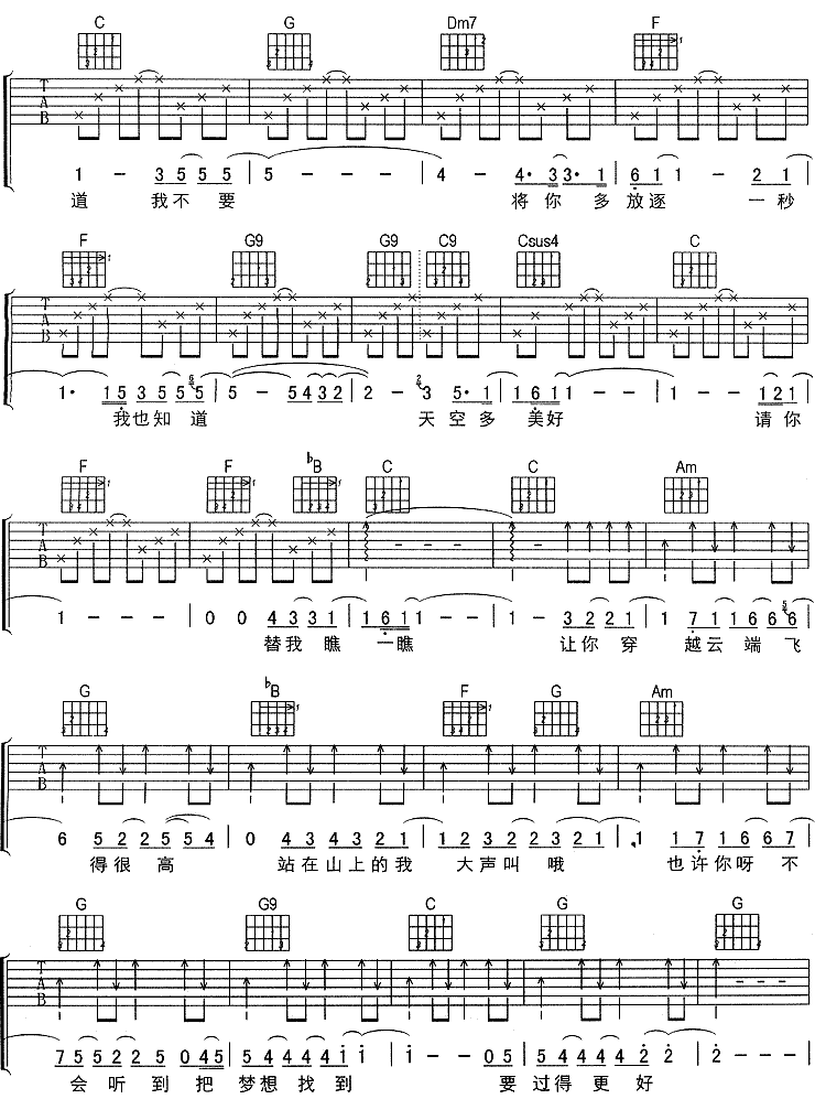 风筝吉他谱,原版歌曲,简单C调弹唱教学,六线谱指弹简谱4张图