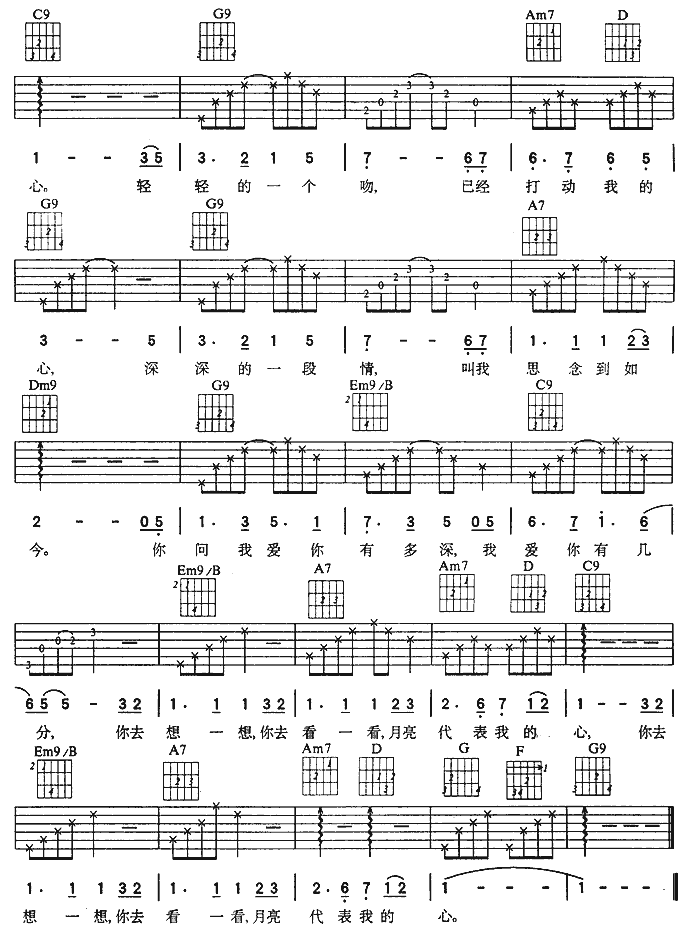 月亮代表我的心吉他谱,原版歌曲,简单G调弹唱教学,六线谱指弹简谱2张图