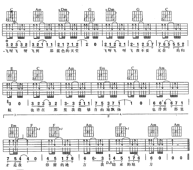 音乐虫子吉他谱,原版歌曲,简单C调弹唱教学,六线谱指弹简谱2张图