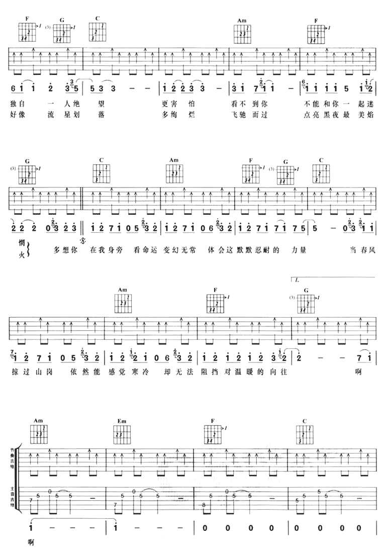 向往吉他谱,原版歌曲,简单C调弹唱教学,六线谱指弹简谱3张图