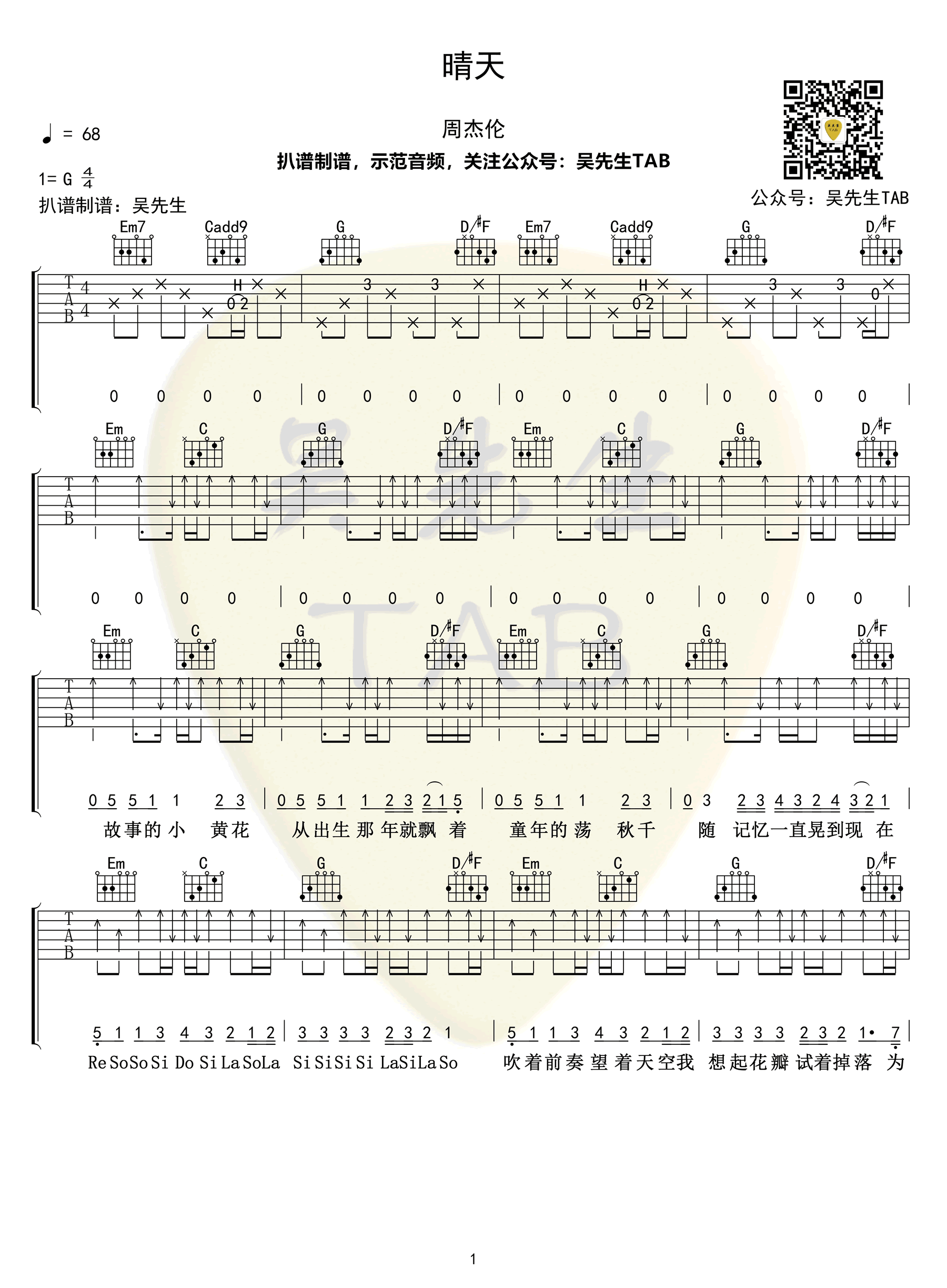 晴天吉他谱,原版周杰伦歌曲,简单G调指弹曲谱,高清六线乐谱