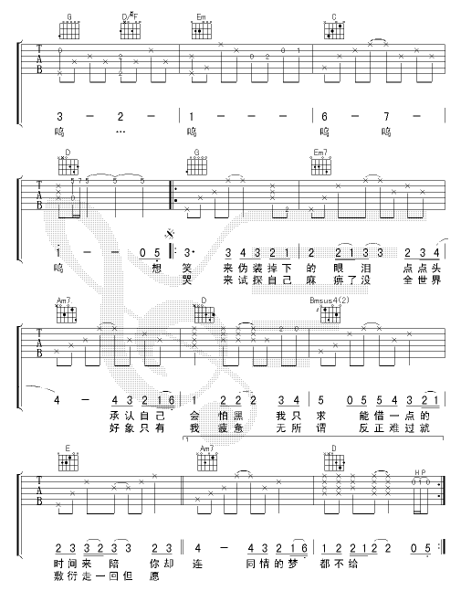 世界未日吉他谱,原版歌曲,简单G调弹唱教学,六线谱指弹简谱5张图