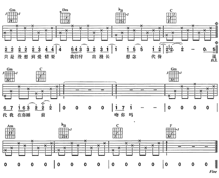 吻吉他谱,原版歌曲,简单F调弹唱教学,六线谱指弹简谱3张图