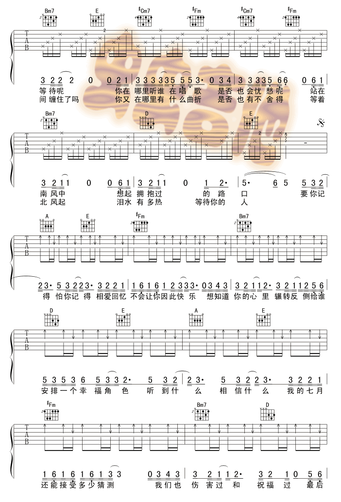 七月吉他谱,原版歌曲,简单A调弹唱教学,六线谱指弹简谱3张图