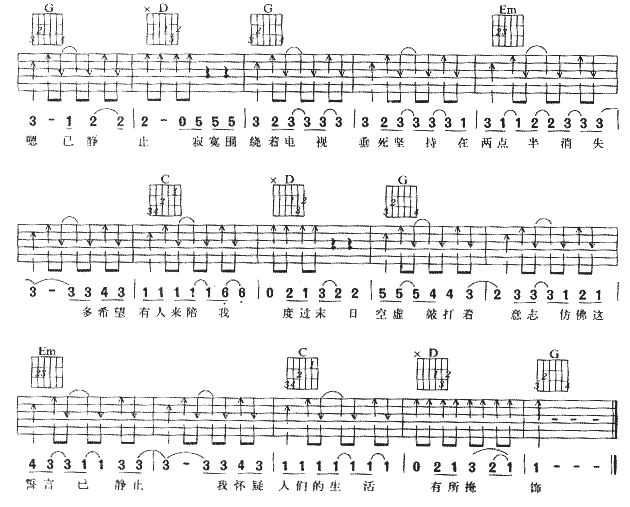 静止吉他谱,原版歌曲,简单G调弹唱教学,六线谱指弹简谱3张图