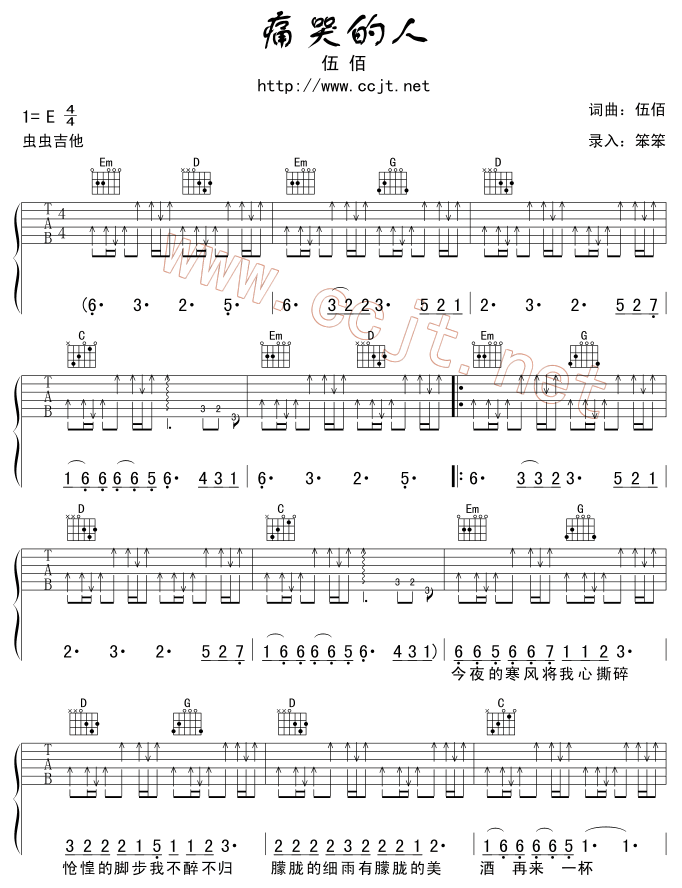 痛哭的人吉他谱,原版歌曲,简单E调弹唱教学,六线谱指弹简谱4张图
